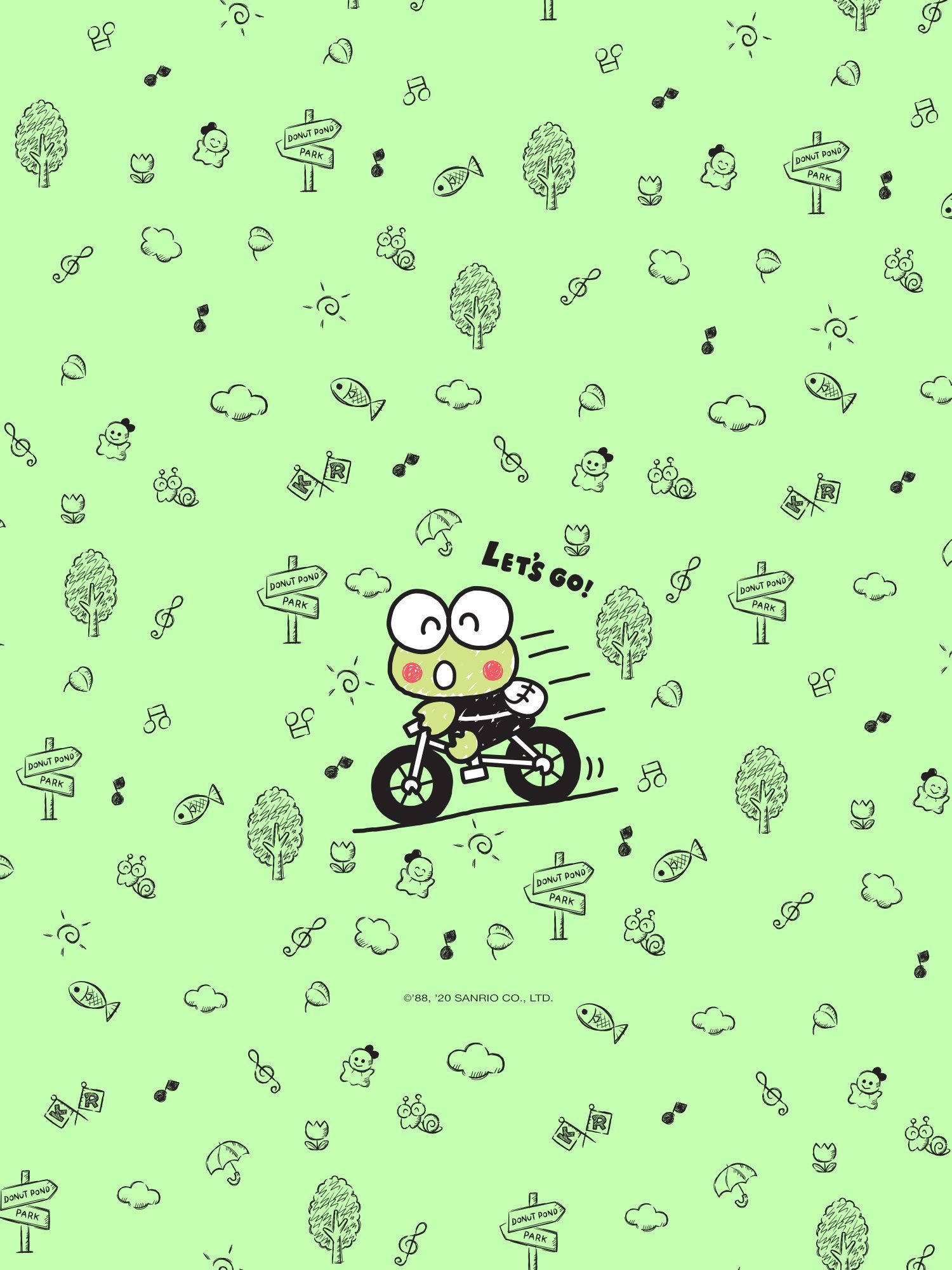 Keroppi 桌布 壁紙 — 一個快樂的青蛙角色騎腳踏車穿過淺綠色背景，背景上散落著奇思妙想的塗鴉。