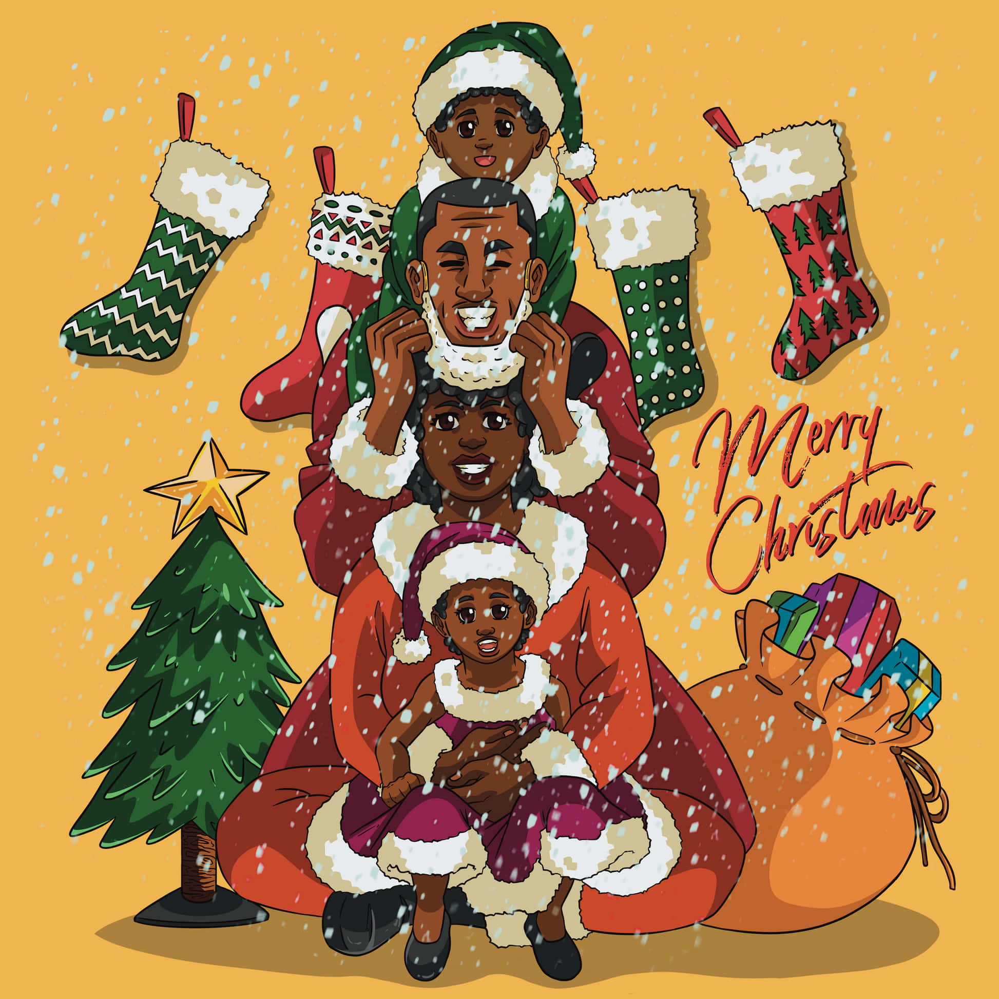 Christmas Card 桌布 壁紙 — 一個快樂的非裔美國家庭穿著節日聖誕老人服裝，圍繞著聖誕樹，樹下有襪子和禮物，雪花飄落。