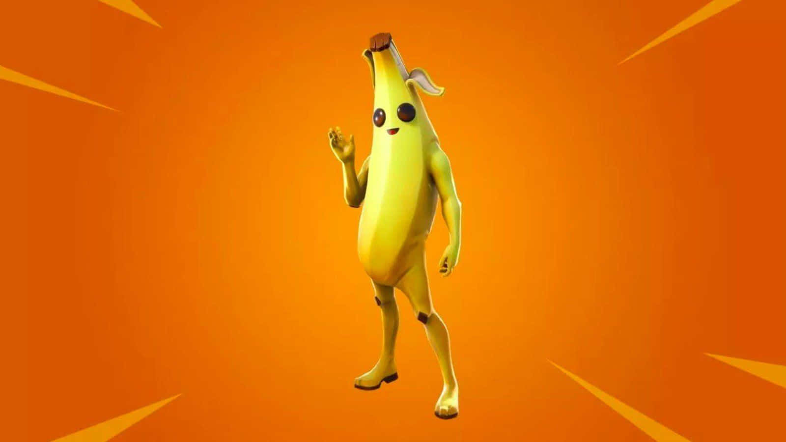 Fortnite Peely 桌布 壁紙 — 一個快樂的香蕉角色，有著凸眼和微笑，在充滿活力的橙色背景上揮手，背景有黃色光線。