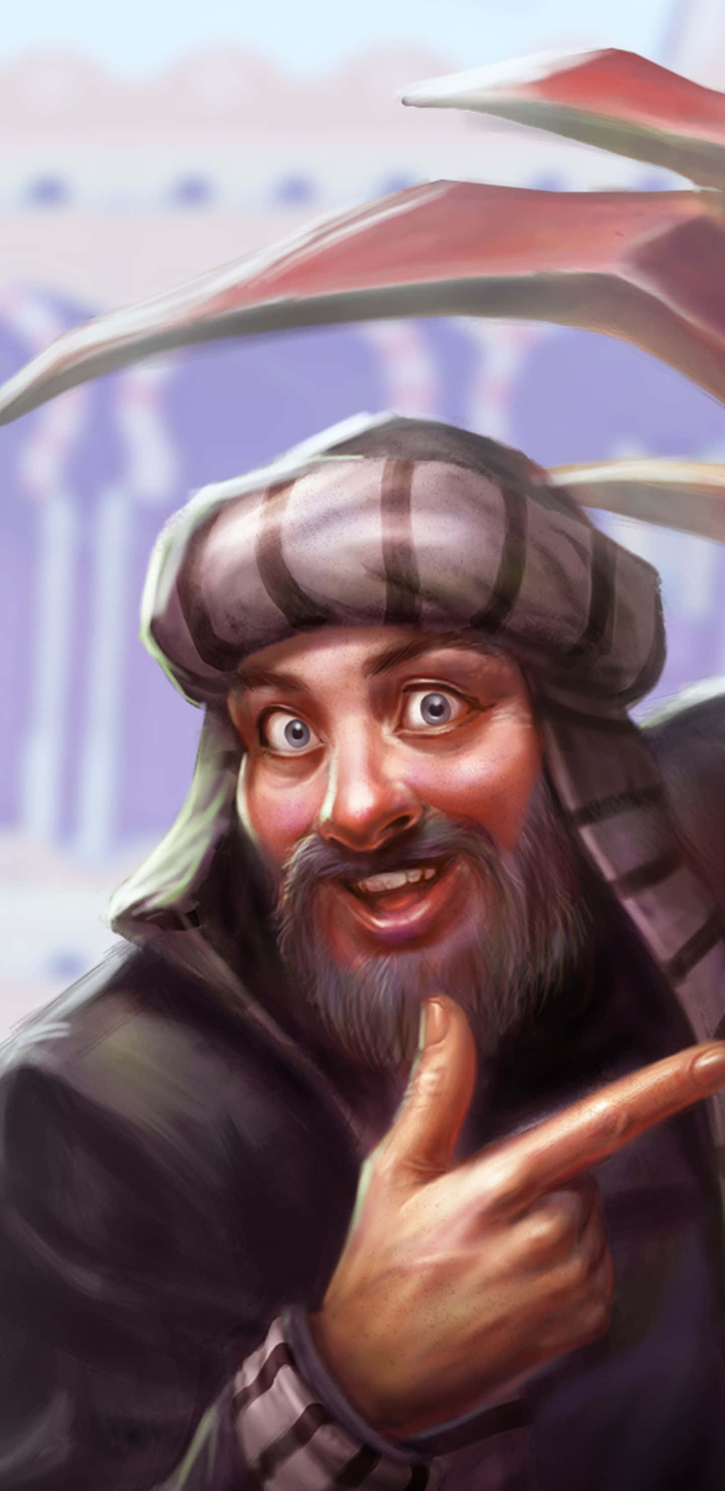 Pixel 3xl Runescape 桌布 壁紙 — 一個快樂的鬍鬚男戴著格紋頭巾，興奮地指著，一把巨大的彎曲刀刃懸在他的頭頂。