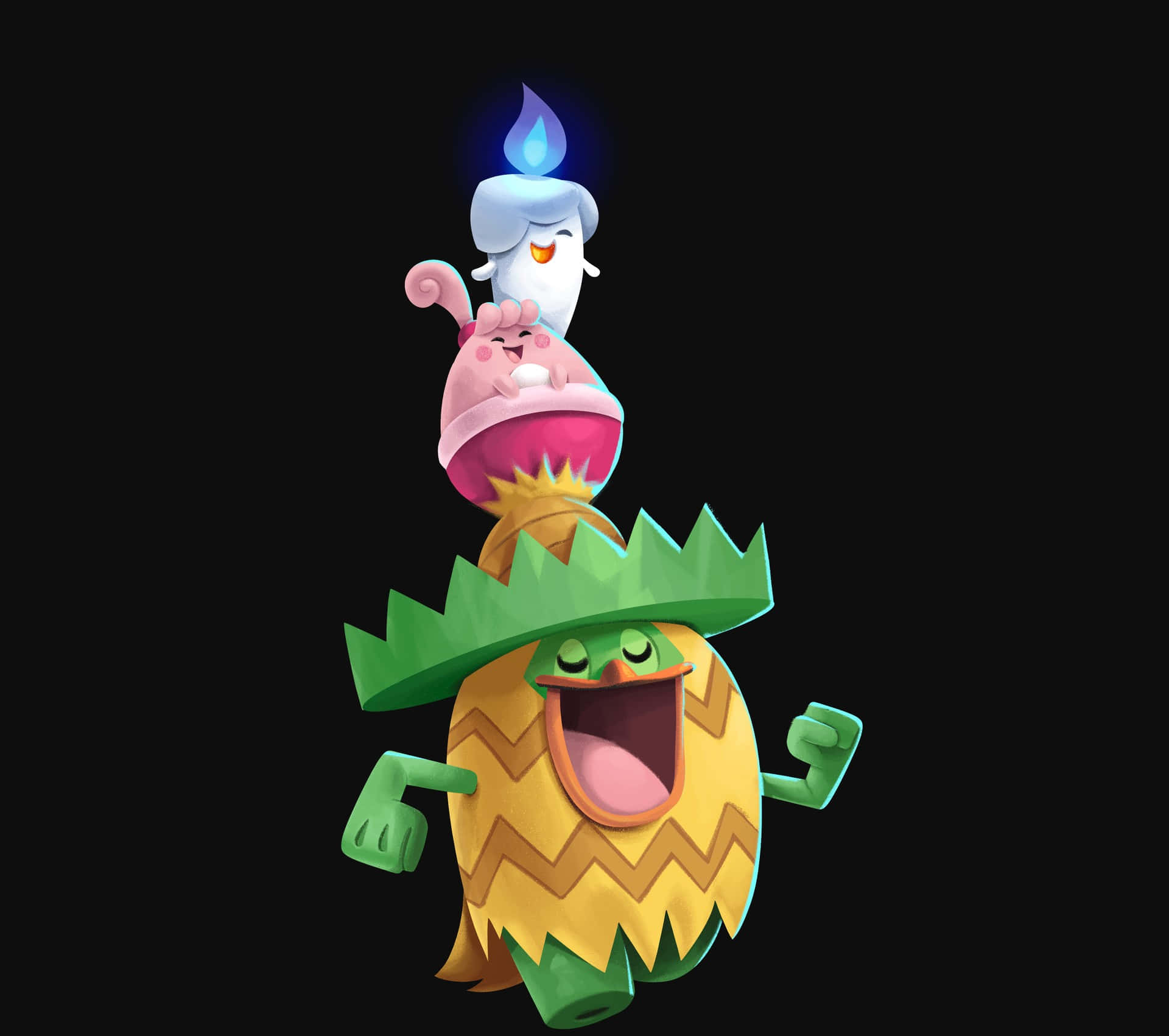 Pokemon Aesthetic 桌布 壁紙 — 一個快樂的鳳梨角色，戴著綠色皇冠和鋸齒圖案，在黑色背景上笑著平衡頭上的粉紅色杯子蛋糕和蠟燭。