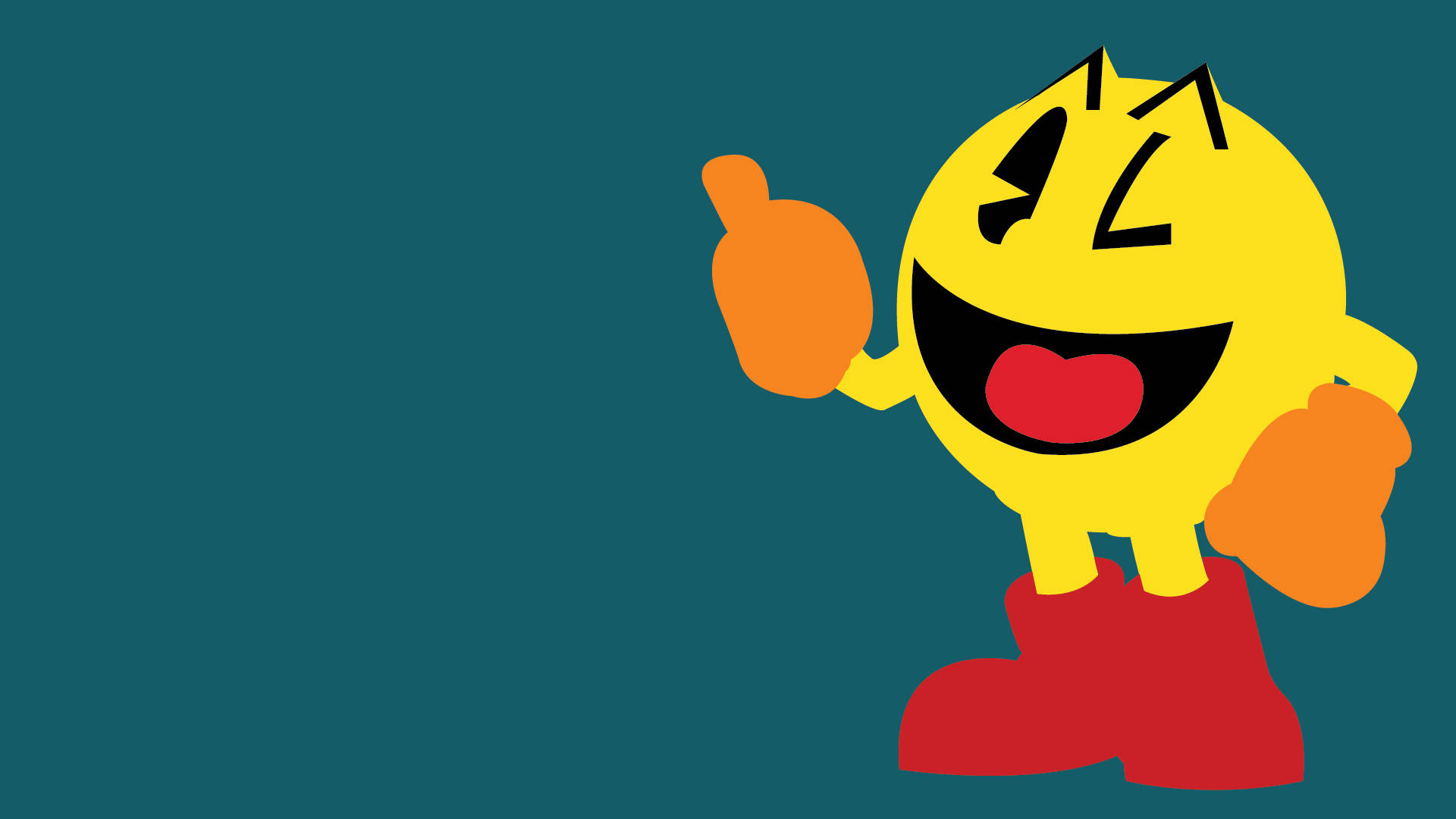 Pac-Man 角色在青綠色背景上豎起大拇指，穿著紅色靴子 — 表情符號 GIF 壁紙