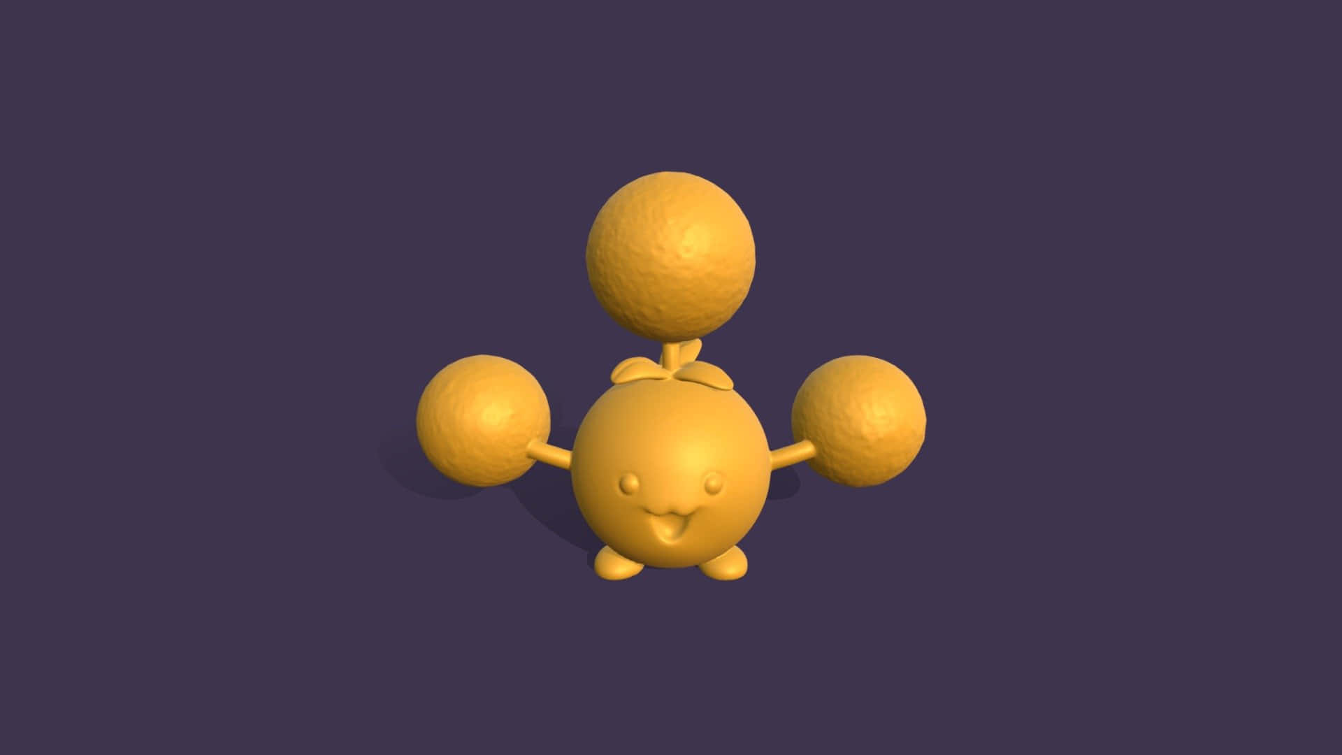 3D 桌布 壁紙 — 一個快樂的黃色3D渲染角色，有三個球形肢體和微笑的臉，背景為深紫色。