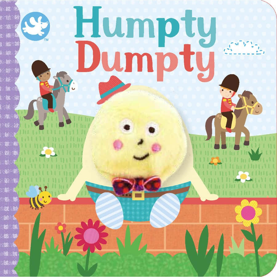 書本 桌布 壁紙 — 一個快樂的黃色Humpty Dumpty坐在磚牆上，周圍有鮮花和兩個騎馬的孩子，背景是明亮的卡通風景。