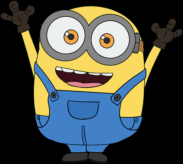 電影動圖 桌布 壁紙 — 一個快樂的黃色Minion，戴著超大護目鏡和藍色工裝褲，在黑色背景前揮舞雙手。