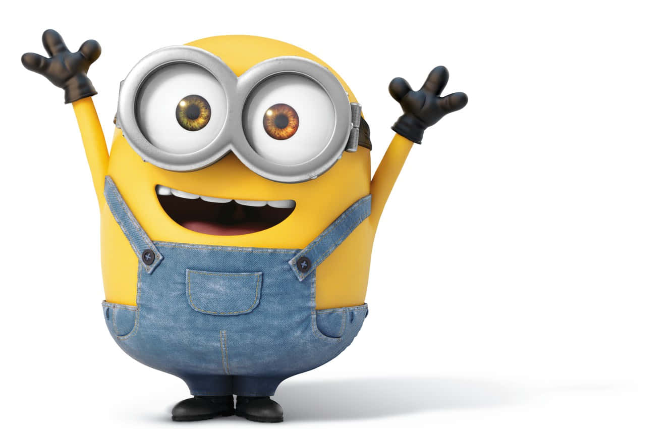 快樂 桌布 壁紙 — 一個快樂的黃色Minion，戴著超大護目鏡和牛仔布工裝褲，在純白色背景上開心地揮手。