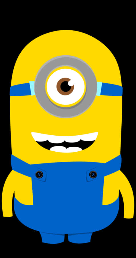 電影動圖 桌布 壁紙 — 一個快樂的黃色Minion，有一隻大眼睛和藍色吊帶褲，站在黑色背景前。