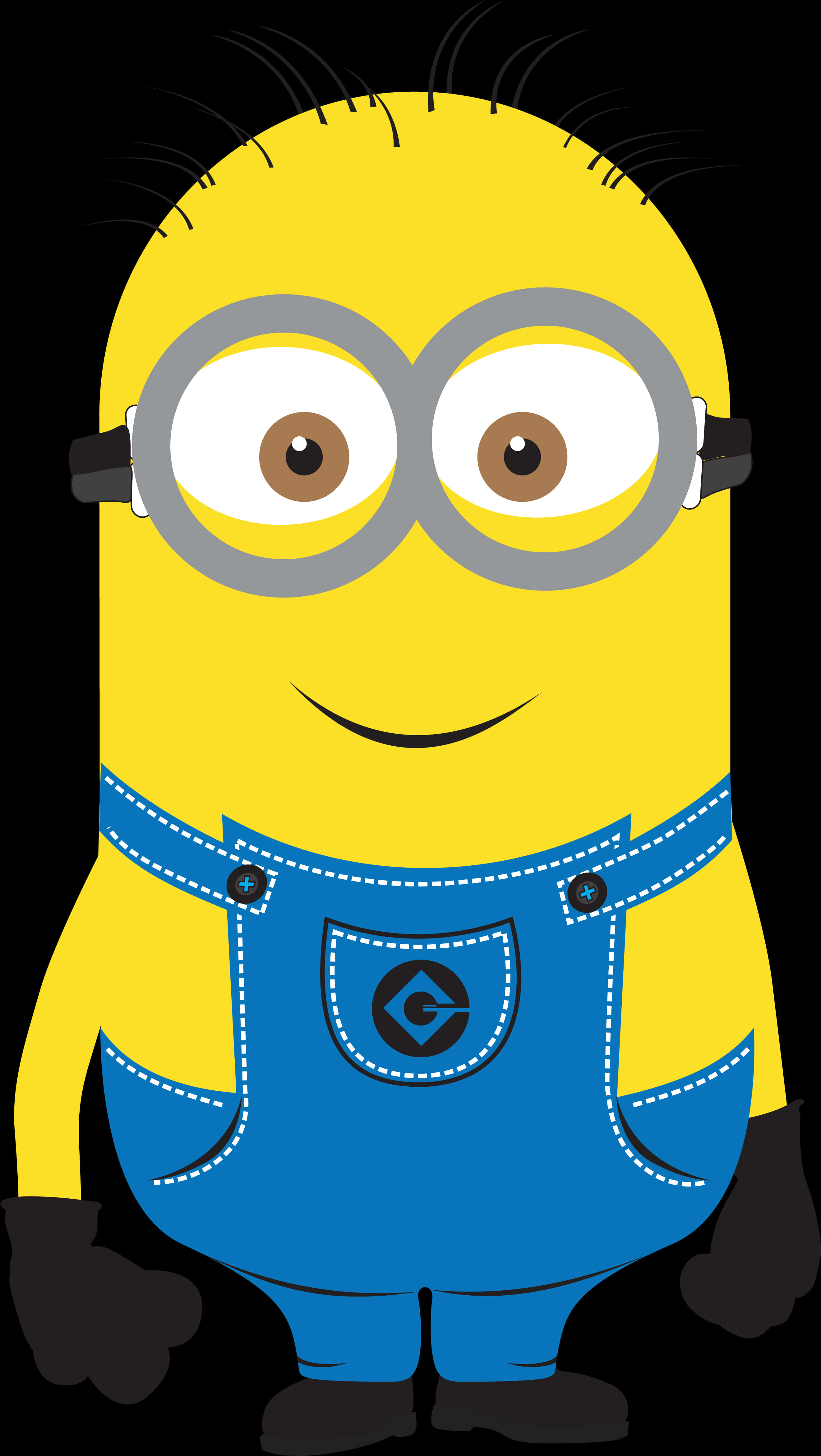 Minion Clipart 桌布 壁紙 — 一個快樂的黃色Minion，有大圓眼睛和藍色吊帶褲，站在黑色背景前。