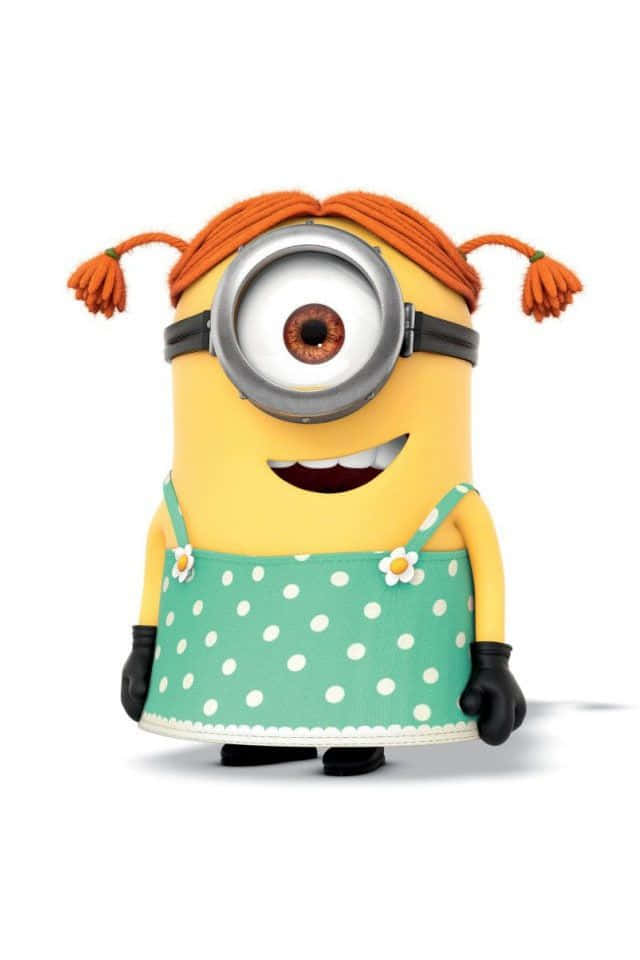 搞笑 桌布 壁紙 — 一個快樂的黃色Minion，有橙色辮子和綠色圓點裙，在白色背景上燦爛地微笑。