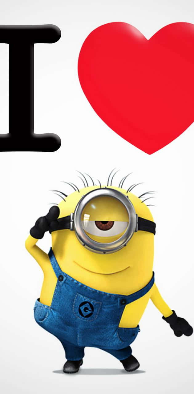 Love Heart 桌布 壁紙 — 一個快樂的黃色Minion在乾淨的白色背景上，於一個粗體的I heart符號下方敬禮。
