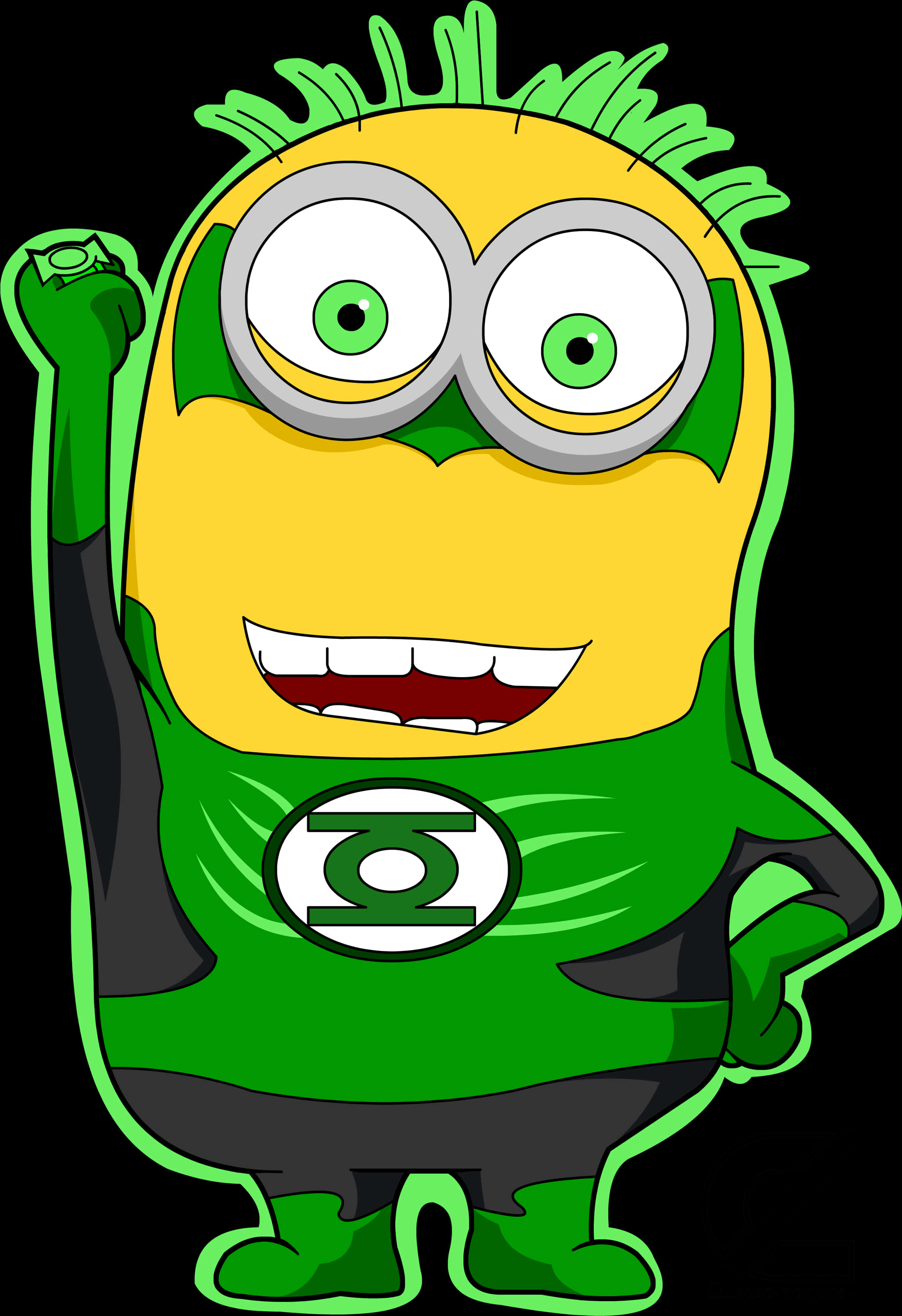 Minion Clipart 桌布 壁紙 — 一個快樂的黃色Minion穿著綠色超級英雄服裝，帶有發光標誌，勝利地舉起拳頭。