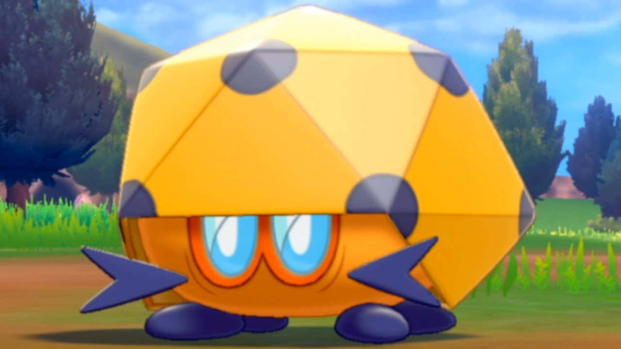 Pokemon Landscape 桌布 壁紙 — 一個快樂的黃色十二面體，有藍色眼睛和深色斑點，站在陽光明媚的草地上，有樹木和山丘。