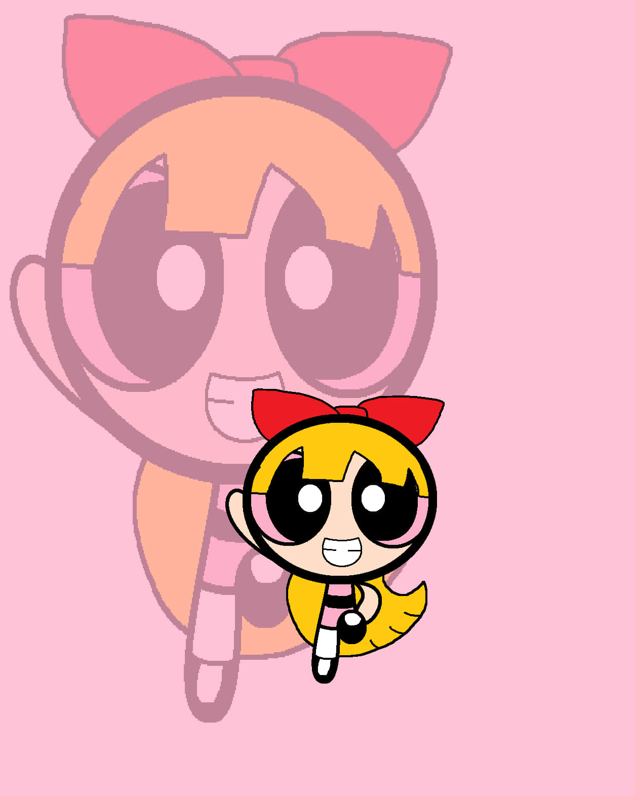 Powerpuff Girls Aesthetic 桌布 壁紙 — 一個快樂的黃色卡通女孩，戴著紅色蝴蝶結，大眼睛，在柔和的粉紅色背景上漂浮，背後有一個褪色的較大版本的自己。