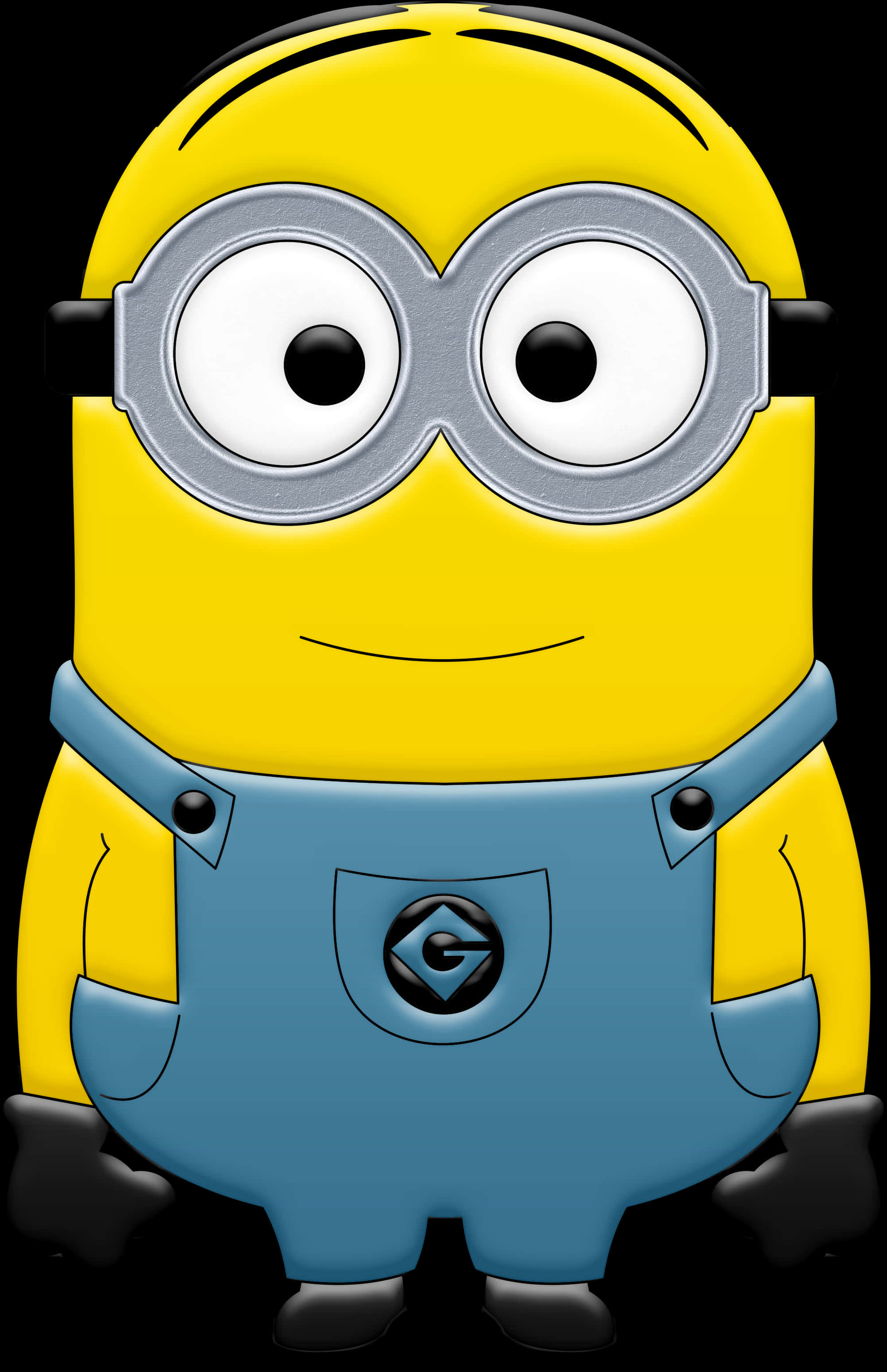 Minion Clipart 桌布 壁紙 — 一個快樂的黃色卡通小小兵，戴著超大護目鏡和藍色工裝褲，站在黑色背景前。