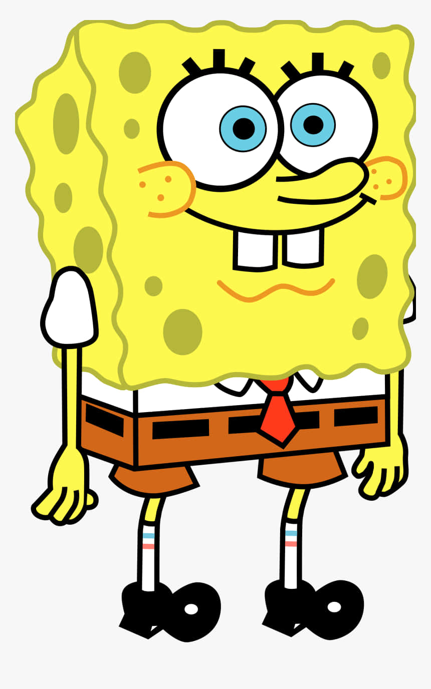 Spongebob Characters 桌布 壁紙 — 一個快樂的黃色卡通海綿，有大藍眼睛和紅色領帶，在簡單背景前微笑站立。
