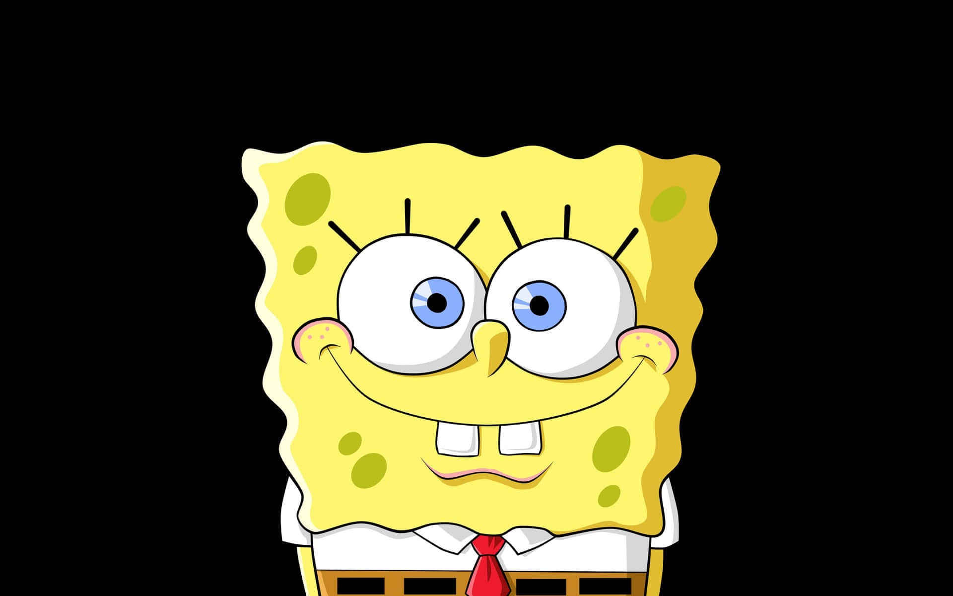 spongebob squarepants 桌布 壁紙 — 一個快樂的黃色卡通海綿，有著大大的藍色眼睛和紅色領帶，在黑色背景上微笑。