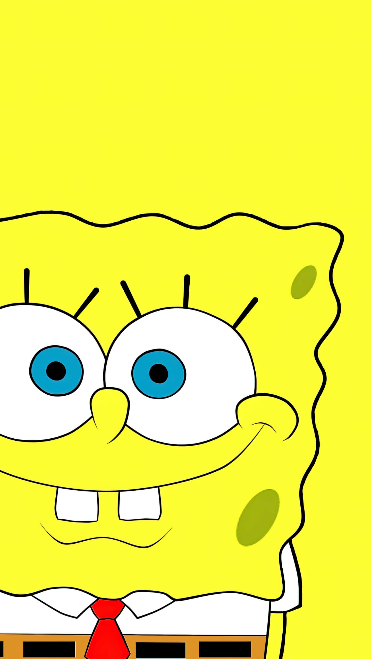 spongebob squarepants 桌布 壁紙 — 一個快樂的黃色卡通海綿，有著大大的藍色眼睛和紅色領帶，在純黃色背景上微笑。