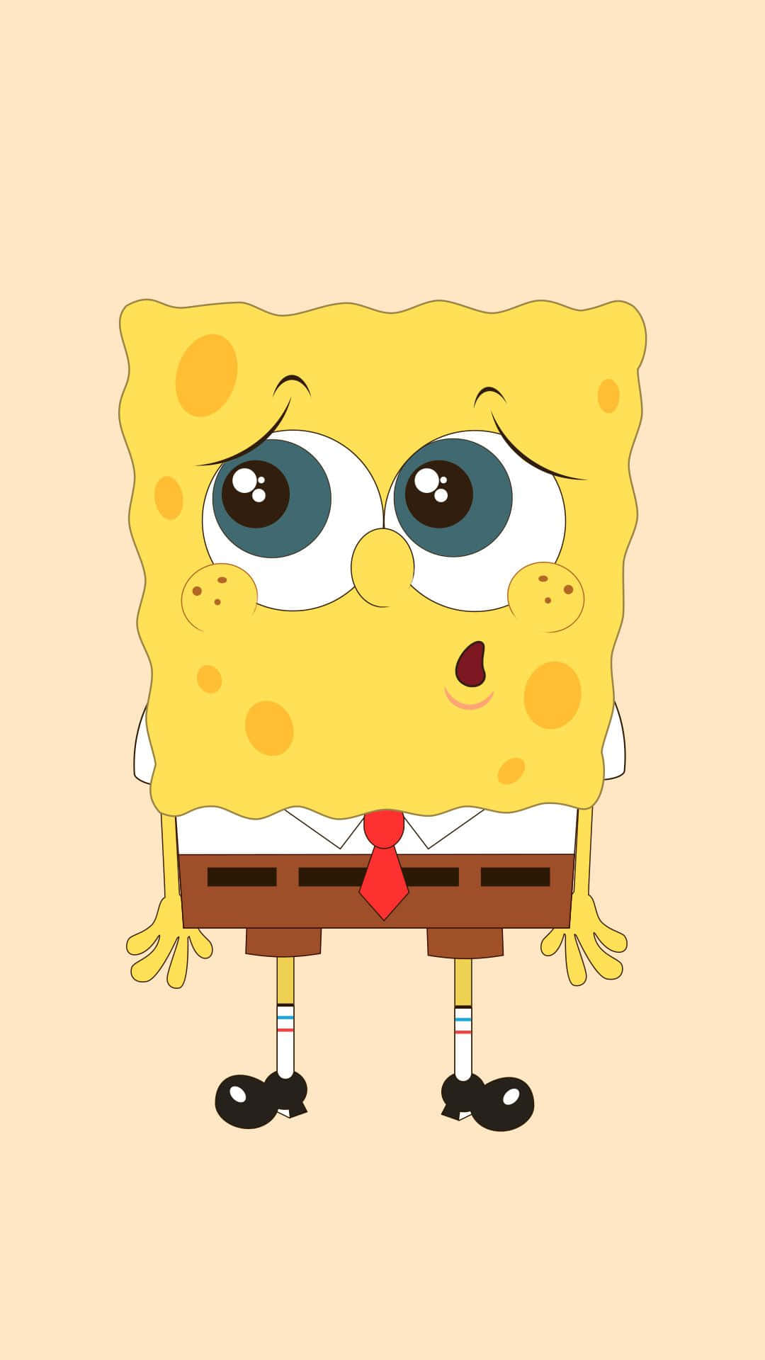 Aesthetic Spongebob 桌布 壁紙 — 一個快樂的黃色卡通海綿角色，有著大大的藍色眼睛和紅色領帶，站在柔和的米色背景前。