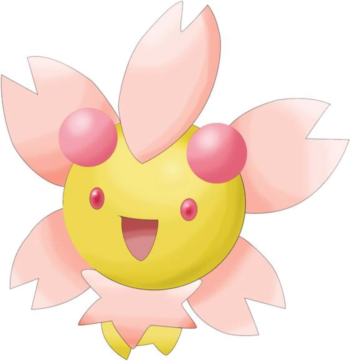 Pokemon Aesthetic 桌布 壁紙 — 一個快樂的黃色卡通生物，帶有粉紅色花瓣狀的花瓣和一張張開的大嘴，在白色背景上燦爛地微笑。
