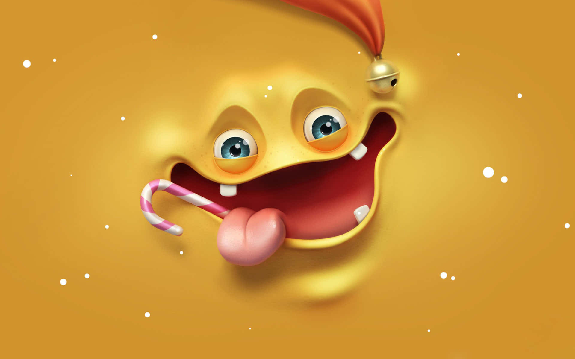 Kawaii Monster 桌布 壁紙 — 一個快樂的黃色卡通生物，藍色眼睛，戴著紅色聖誕帽，在金色背景上舔著拐杖糖，背景有白色斑點。