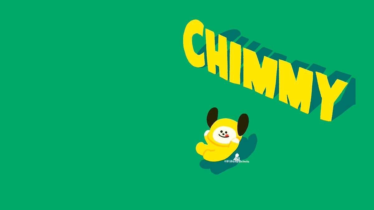 Chimmy 桌布 壁紙 — 一個快樂的黃色卡通角色，有黑色耳朵，坐在粗體黃色3D文字CHIMMY下方，背景為純綠色。
