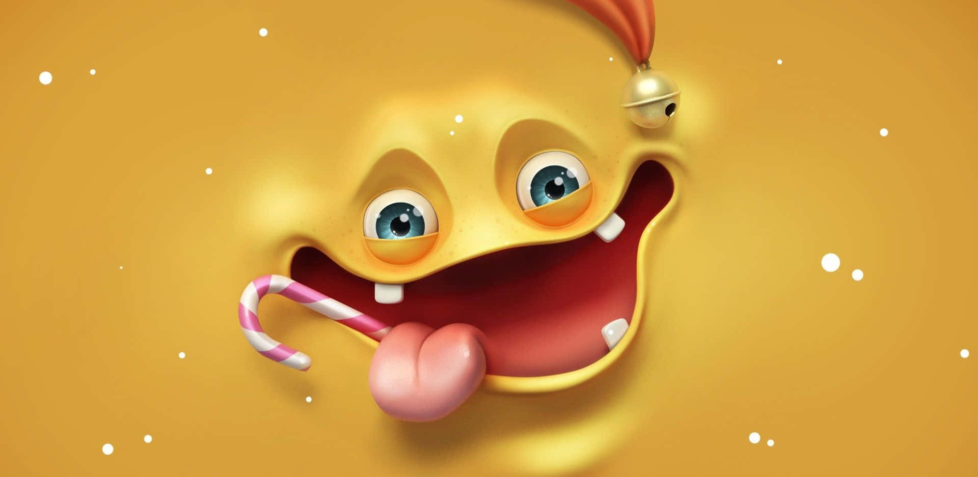 Cool Cartoon 桌布 壁紙 — 一個快樂的黃色卡通角色，藍色眼睛，戴著紅色鈴鐺帽，在帶有白色斑點的金色背景上舔著拐杖糖。