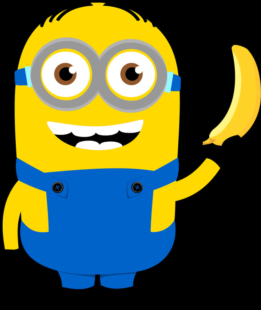 Minion Clipart 桌布 壁紙 — 一個快樂的黃色小小兵穿著藍色吊帶褲，在黑色背景前咧嘴笑著拿著香蕉。