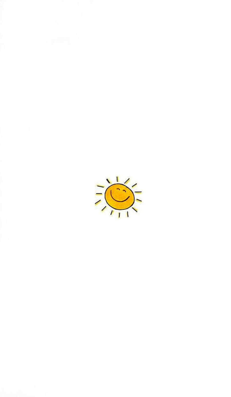 Aesthetic Smiley Face 桌布 壁紙 — 一個快樂的黃色微笑太陽，帶有光線，居中在純白色背景上。