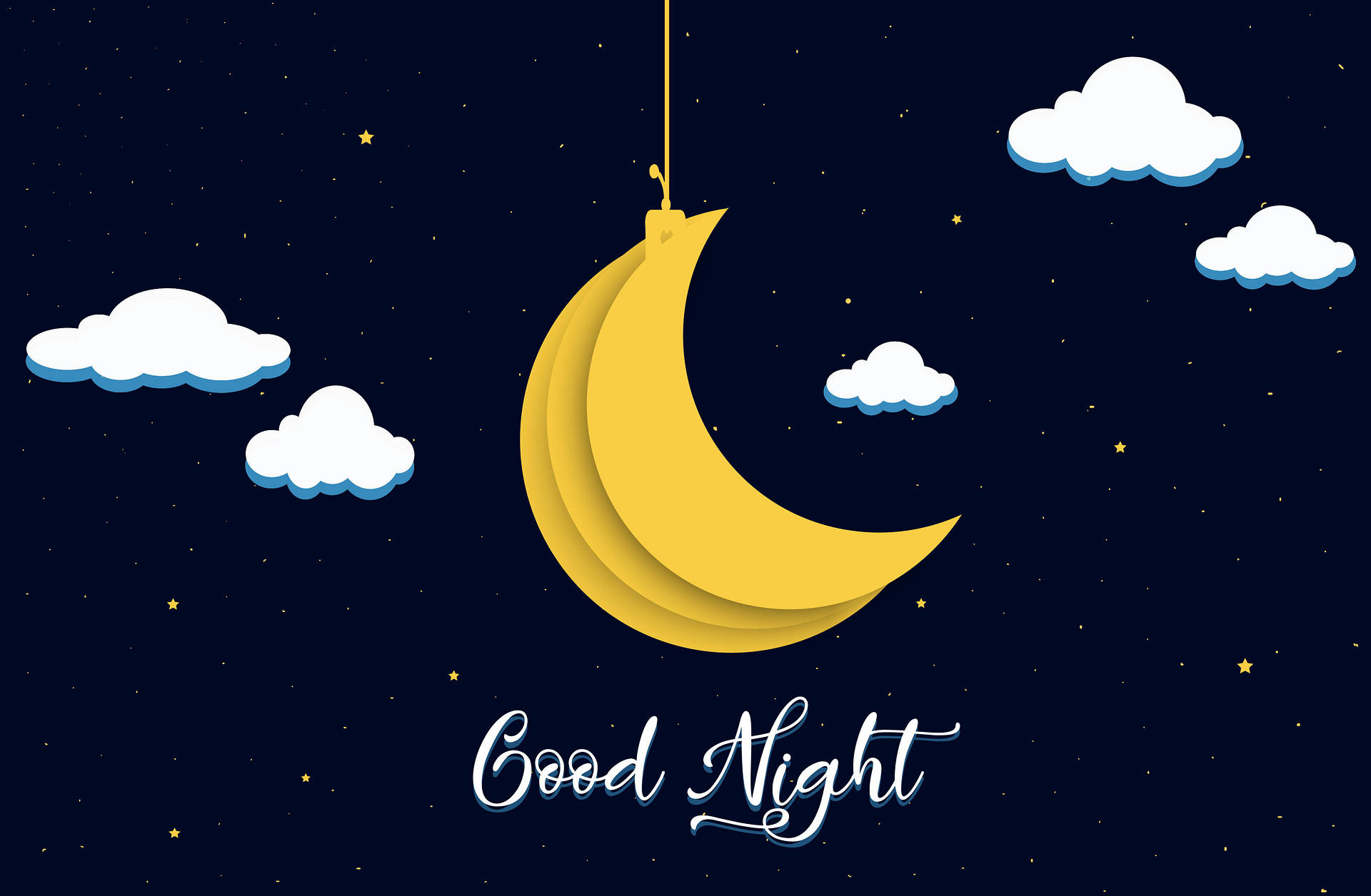 晚安 桌布 壁紙 — 一個快樂的黃色新月掛在繩子上，襯著滿天星斗的夜空，有 fluffy 雲朵和「晚安」文字。