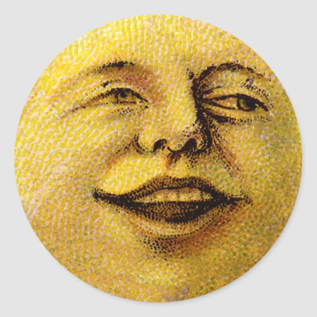 Moon Face 桌布 壁紙 — 一個快樂的黃色月亮臉，咧嘴大笑並眨眼，以點狀插圖風格呈現。