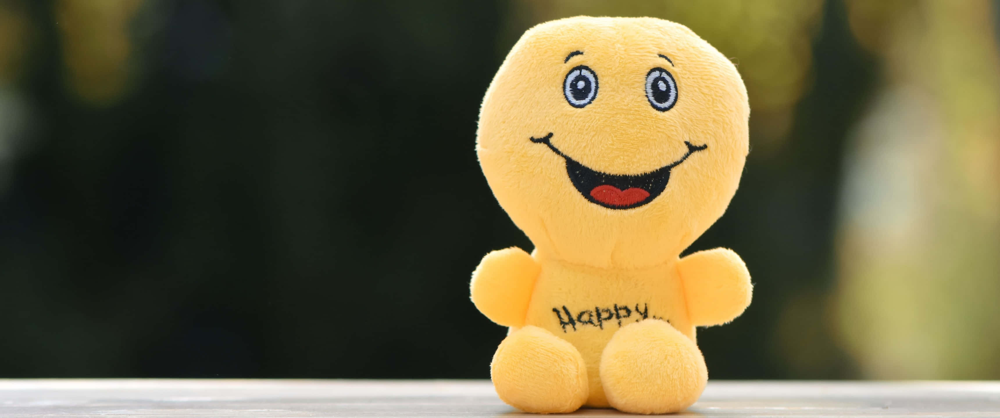 Laughing 桌布 壁紙 — 一個快樂的黃色毛絨笑臉玩具，有藍色眼睛和紅色嘴巴，坐在木質表面上，背景是模糊的綠色。