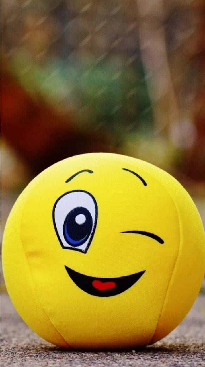 Whatsapp Dp 桌布 壁紙 — 一個快樂的黃色毛絨表情符號玩具在礫石上眨眼，背景是模糊的戶外景色。
