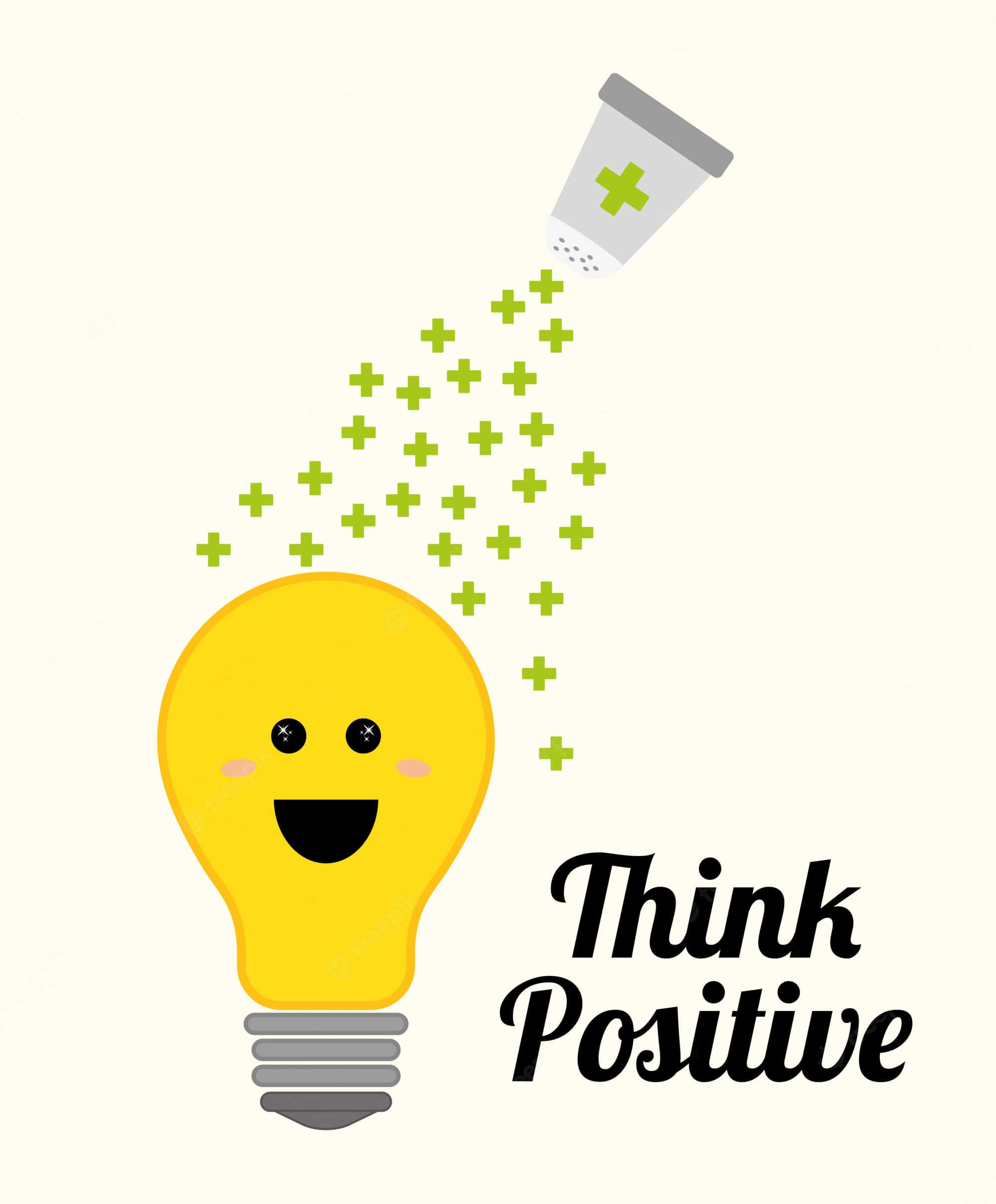 Light Bulb 桌布 壁紙 — 一個快樂的黃色燈泡，帶有微笑的臉，在奶油色背景上從醫療噴霧瓶中接收綠色加號灰塵。