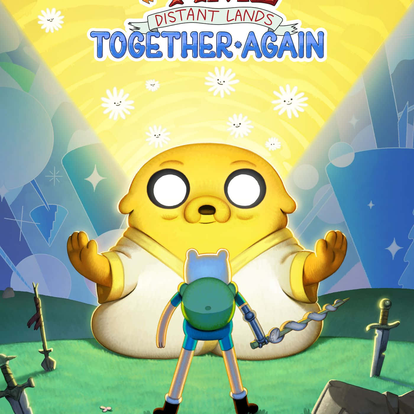 Adventure Time Cute 桌布 壁紙 — 一個快樂的黃色狗狀角色舉起雙臂，站在一個穿著綠色衣服的小男孩後面，男孩在草地上拿著劍，周圍有漂浮的笑臉太陽和破碎的劍。