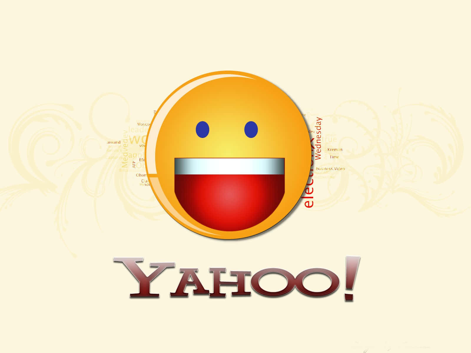 Yahoo 桌布 壁紙 — 一個快樂的黃色笑臉，有紅色嘴巴和藍色眼睛，位於Yahoo標誌上方中央，背景為奶油色，帶有淡淡的漩渦。