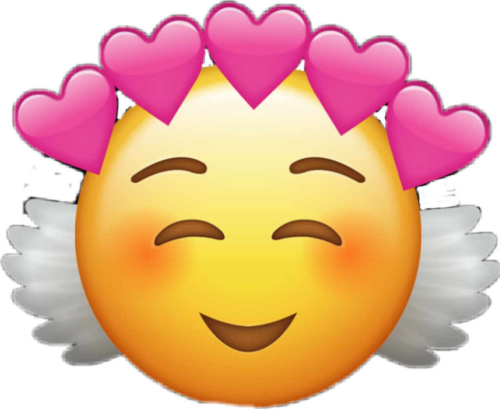 Emoticon 桌布 壁紙 — 一個快樂的黃色表情符號，閉著眼睛，微笑，裝飾著粉紅色的心和白色的翅膀。