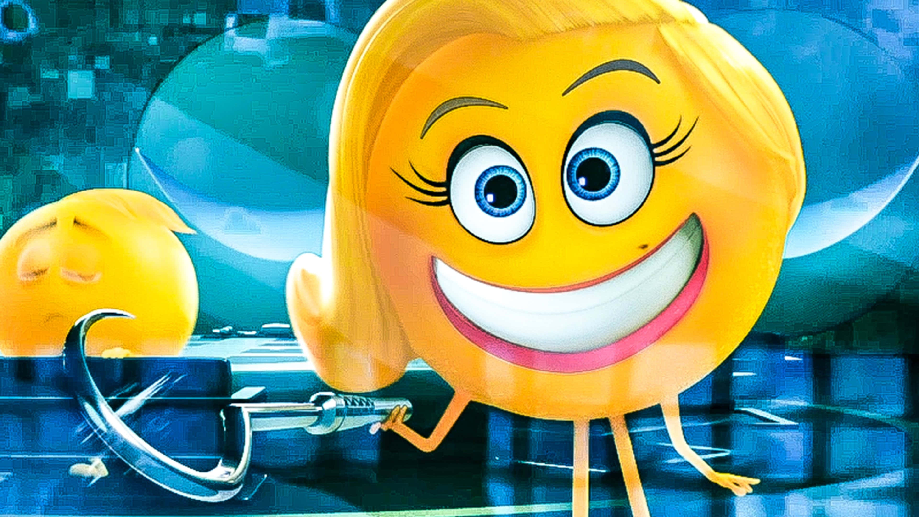 Smile Emoji 桌布 壁紙 — 一個快樂的黃色表情符號女孩，金髮藍眼，在數位藍色背景上微笑著拿著扳手。