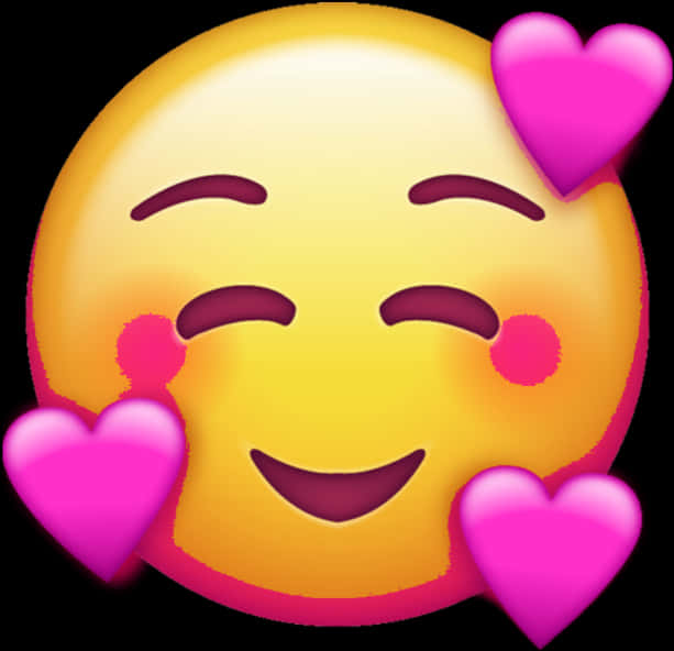 Love Emoji 桌布 壁紙 — 一個快樂的黃色表情符號臉，閉著眼睛，臉頰紅潤，被三個粉紅色的心形包圍。
