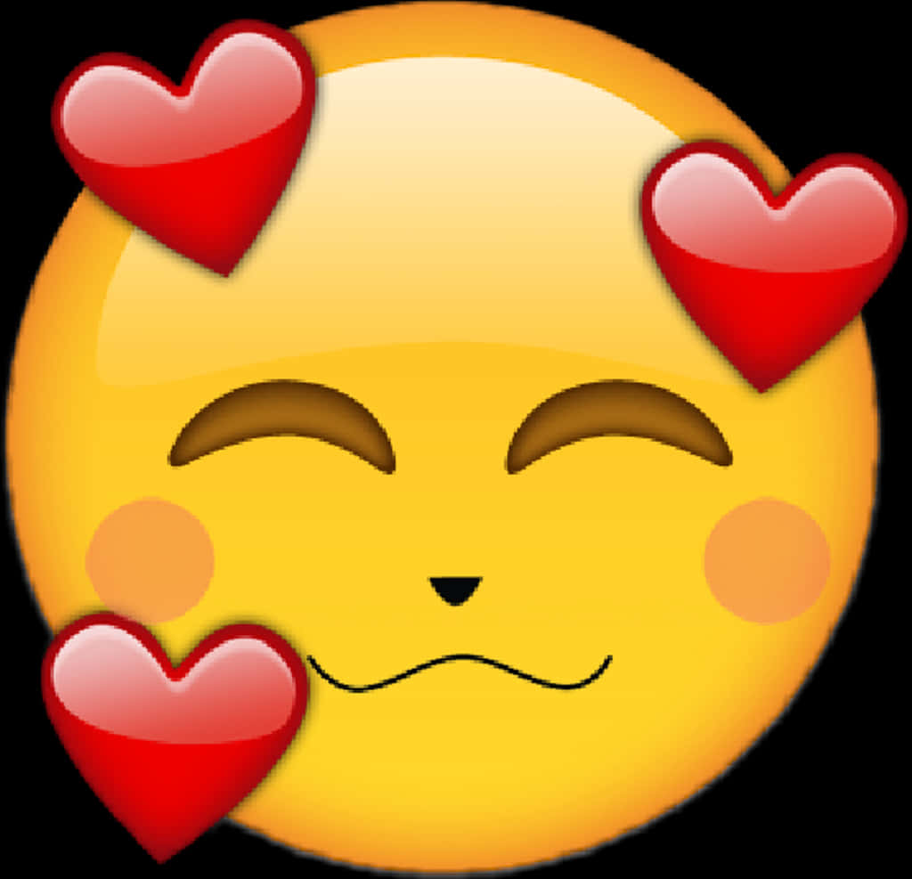 Love Emoji 桌布 壁紙 — 一個快樂的黃色表情符號臉，閉著眼睛，周圍漂浮著三個閃亮的紅色愛心。