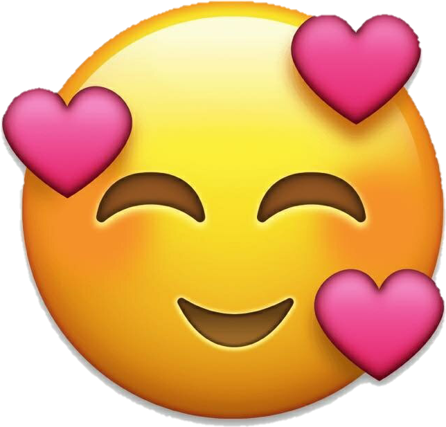 Emoticon 桌布 壁紙 — 一個快樂的黃色表情符號臉，閉著眼睛，周圍漂浮著三個粉紅色的心形。