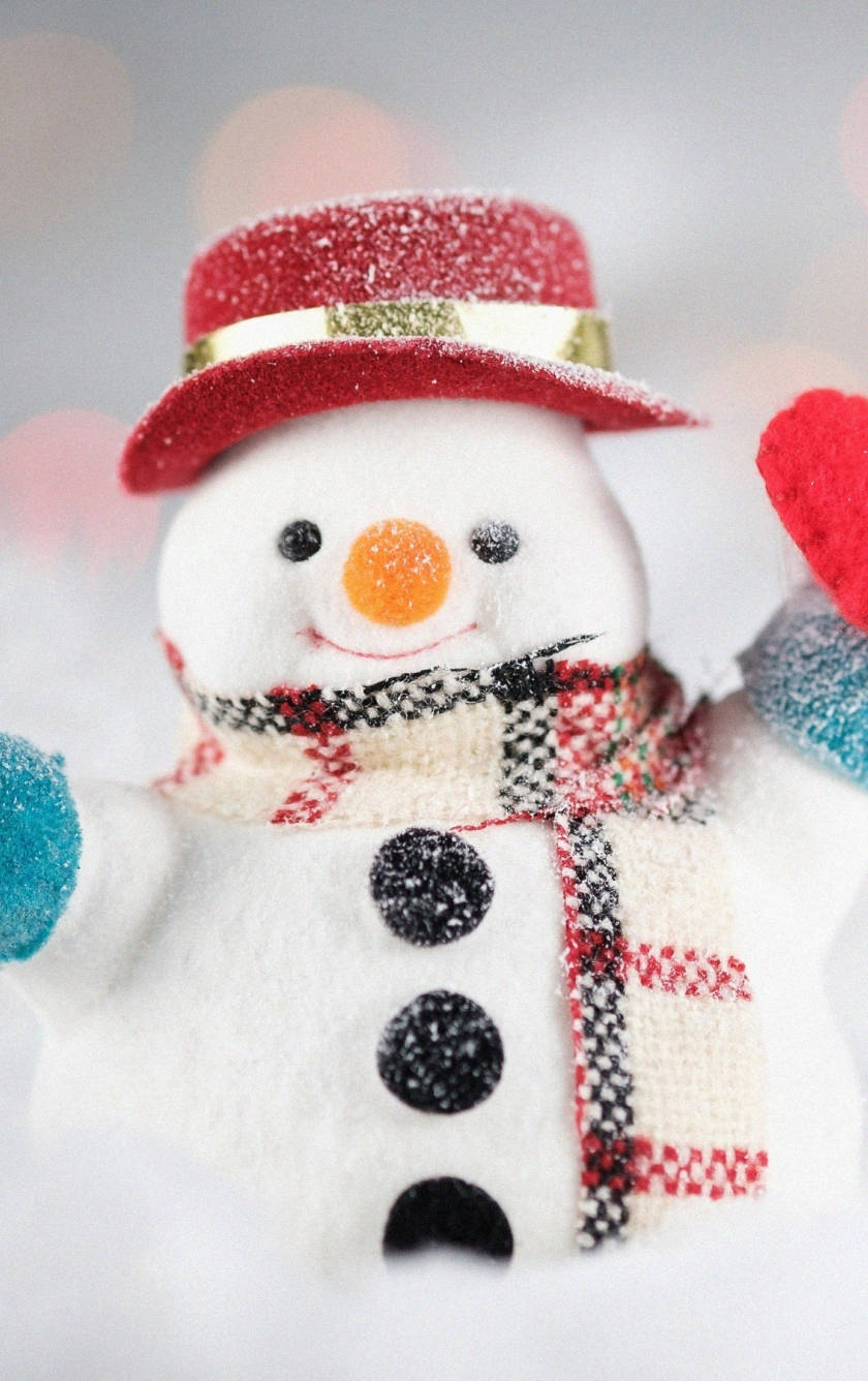 Cute Snowman 桌布 壁紙 — 一個快樂雪人公仔的特寫，戴著紅色閃粉帽和格紋圍巾，背景柔和模糊。