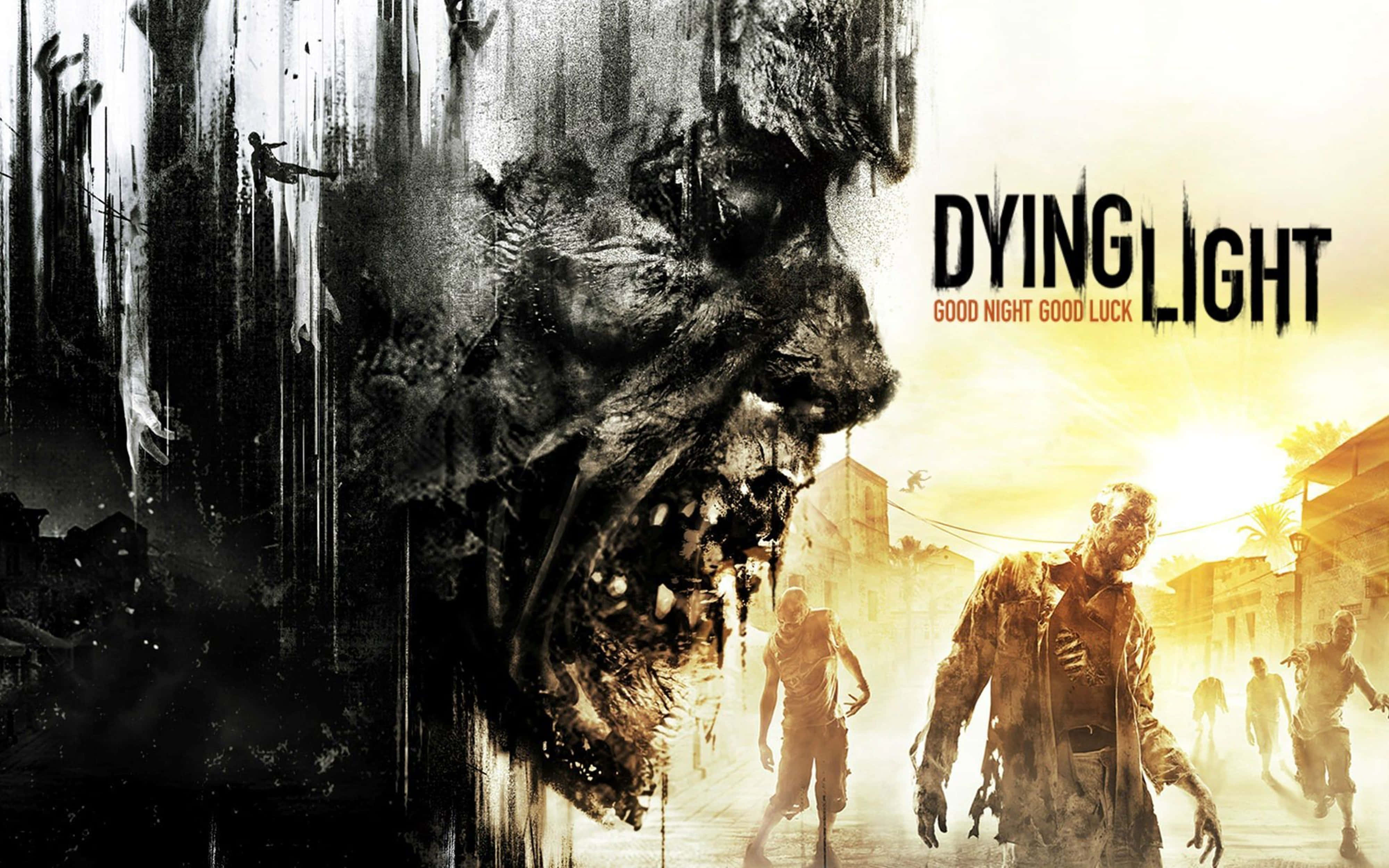 Dying Light 4K 桌布 壁紙 — 一個怪物的殭屍面孔籠罩在陽光普照的城市街道上，受感染的身影蹣跚地走向觀眾。