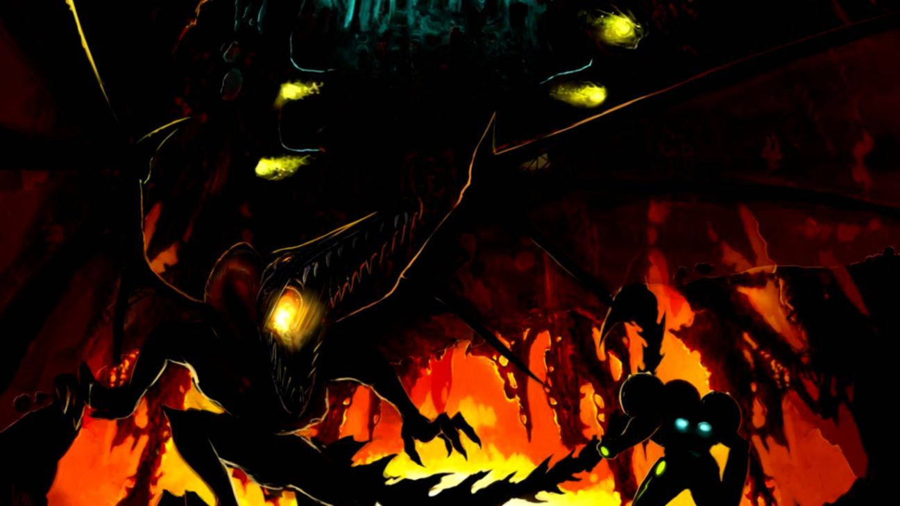 Metroid 桌布 壁紙 — 一個怪物的黑暗剪影，有著發光的黃色眼睛，籠罩在火熱的景觀上，而一個有著藍色眼睛的小人物則挑釁地站在下方。