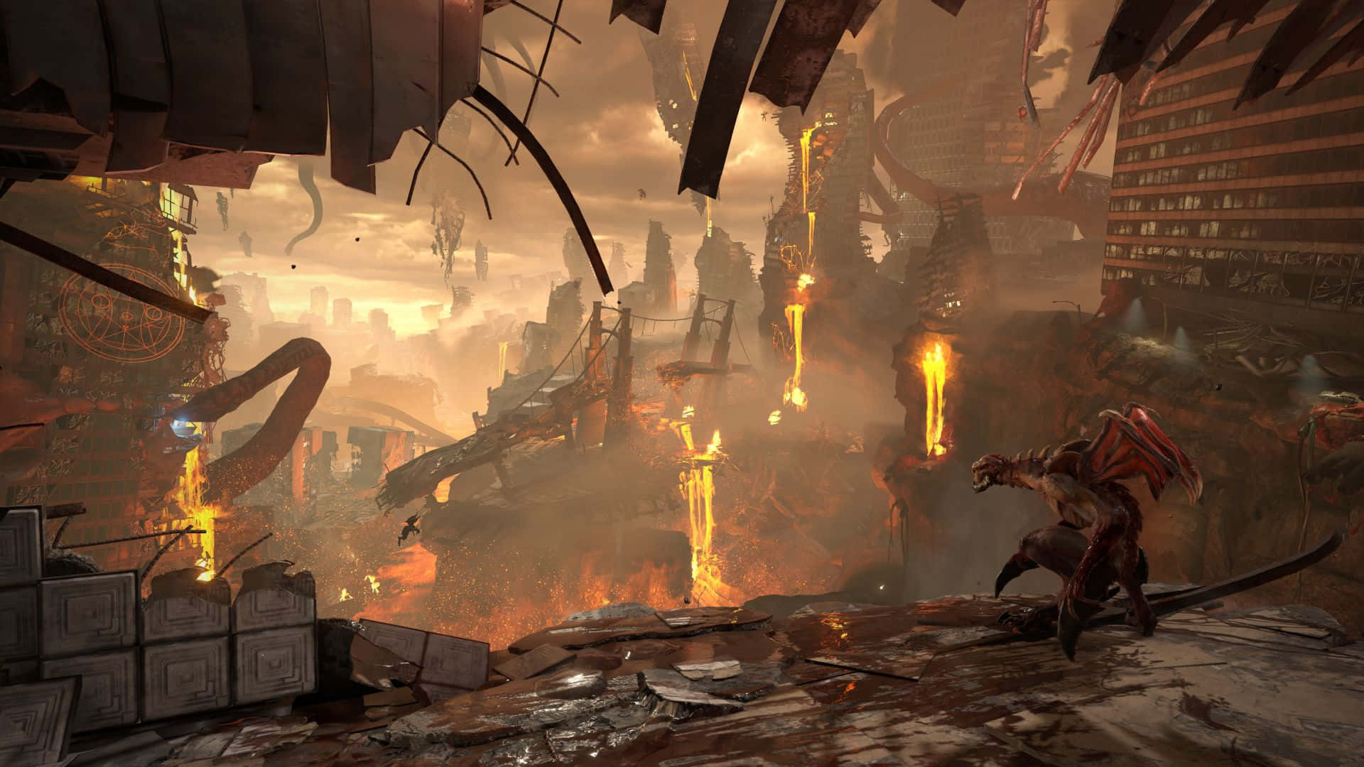 Doom Eternal HD 桌布 壁紙 — 一個怪物站在燃燒的廢墟城市中，周圍有熔岩流和崩塌的摩天大樓，天空是朦朧的橙色。