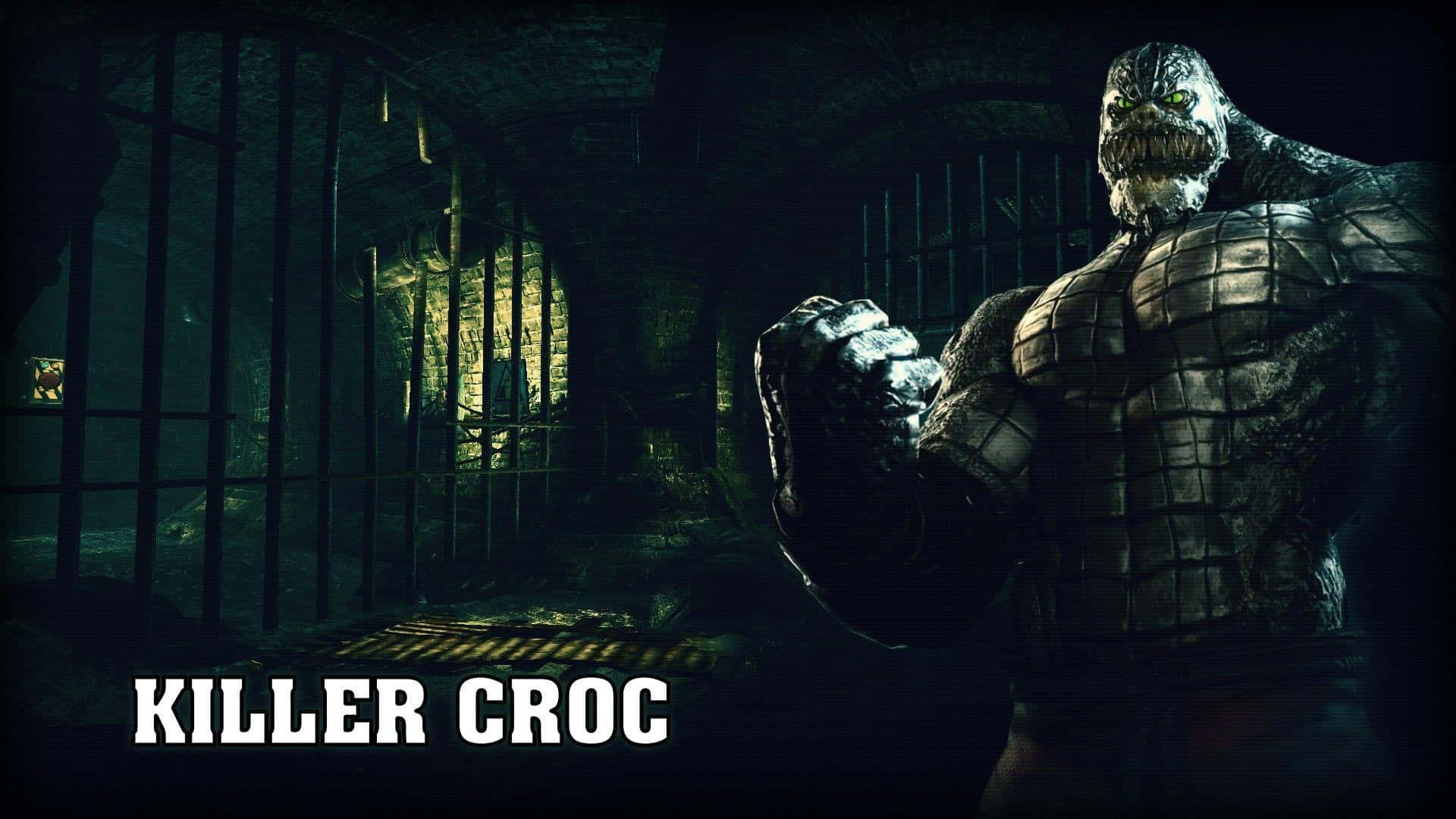 Killer Croc 桌布 壁紙 — 一個怪物般的殺手鱷魚站在黑暗、生鏽的監獄牢房中，發出綠色光芒的眼睛充滿威脅。