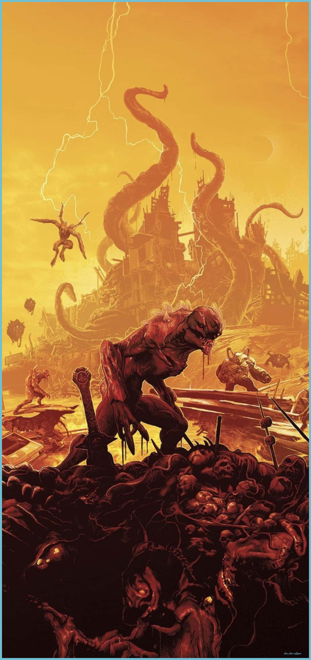 Pixel 3xl Doom 桌布 壁紙 — 一個怪物般的紅色身影站在一堆頭骨之上，背景是暴風雨般的橙色天空，巨大的觸手和飛行的惡魔正在攻擊一座廢墟城堡。
