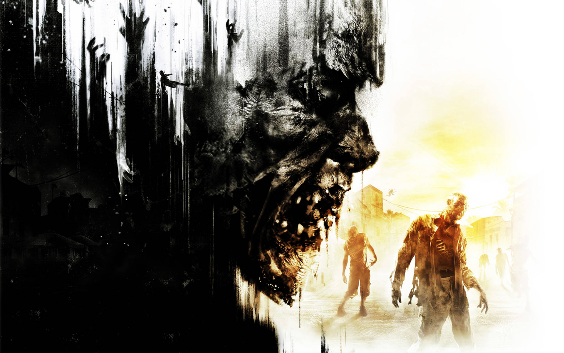 Dying Light 桌布 壁紙 — 一個怪物般的腐爛面孔籠罩著一群在日落時分穿過廢墟城市的殭屍。