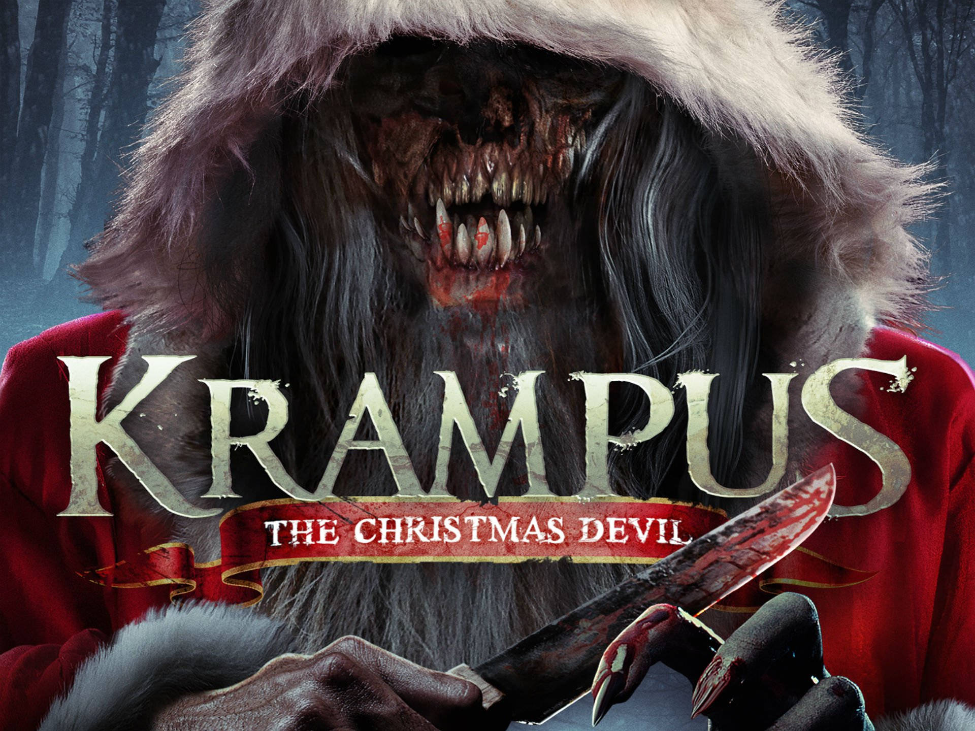恐怖動圖 桌布 壁紙 — 一個怪獸般的Krampus，帶著血淋淋的牙齒和爪子，在黑暗的森林背景下緊握著一把刀。