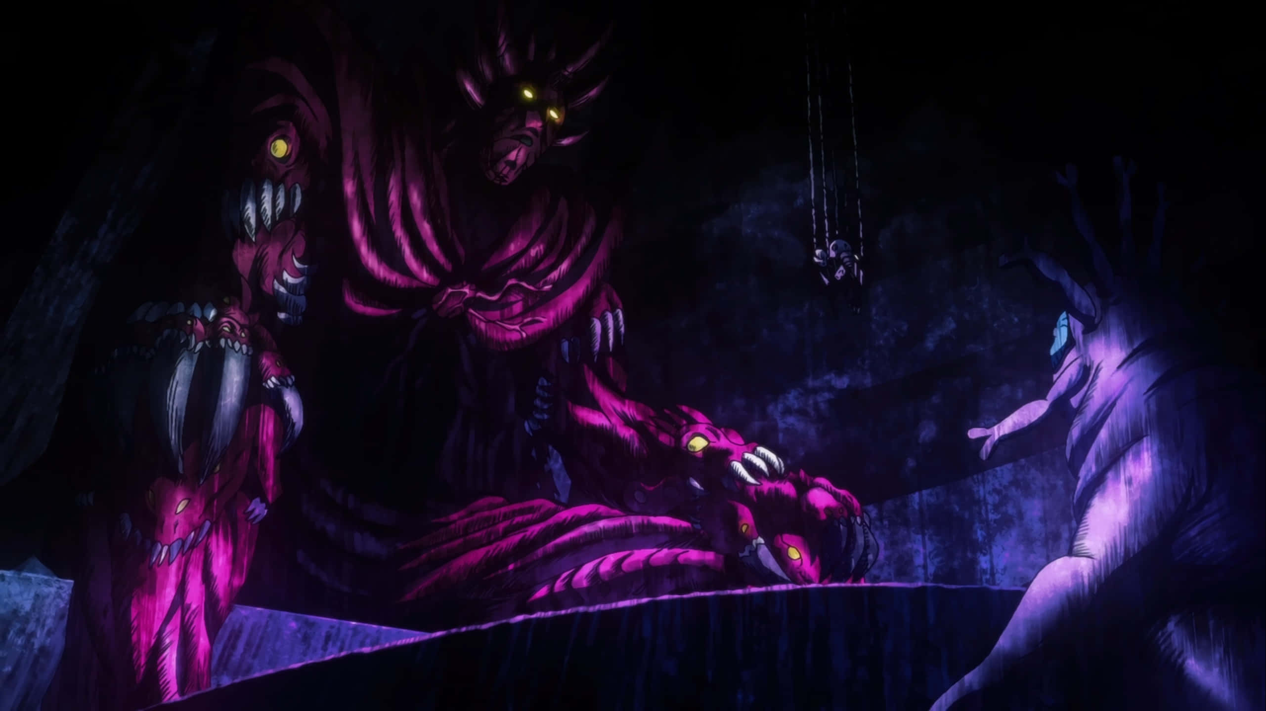 One Punch Man Season 2 桌布 壁紙 — 一個怪獸般的動漫生物，擁有發光的黃色眼睛和鋸齒狀牙齒，潛伏在黑暗的洞穴中，面對一個較小的身影。
