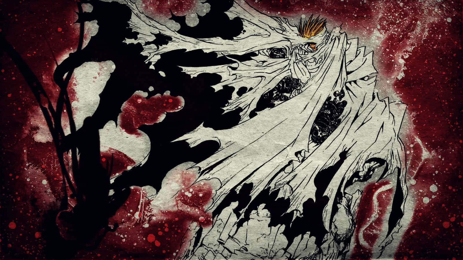 Trigun 桌布 壁紙 — 一個怪獸般的動漫風格生物，有著發光的眼睛和破爛的白色長袍，從血紅色、濺滿的背景中出現。